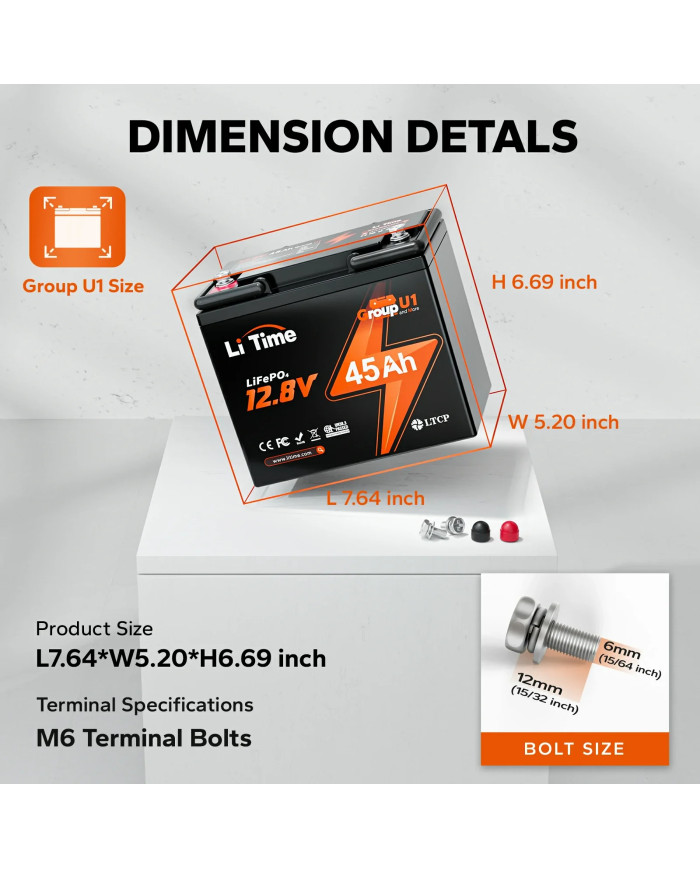 LiTime 12V 45Ah baterie pro kolečkové židle L12V45-45-GU1-WCHR-12-A33