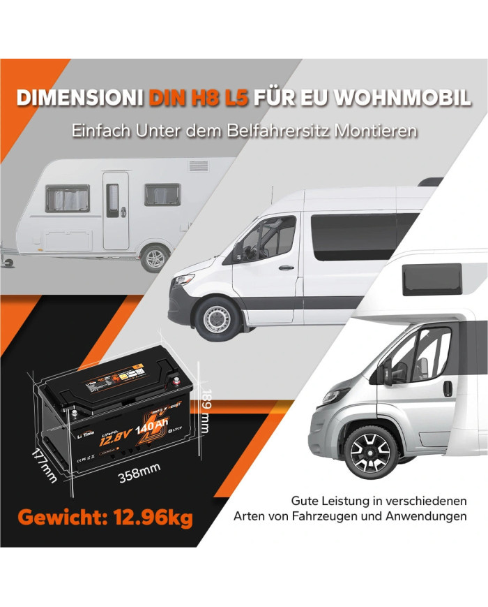 LiTime 12V 140Ah H190 Bluetooth baterie L12V140-150-H190-BT-4-AC150