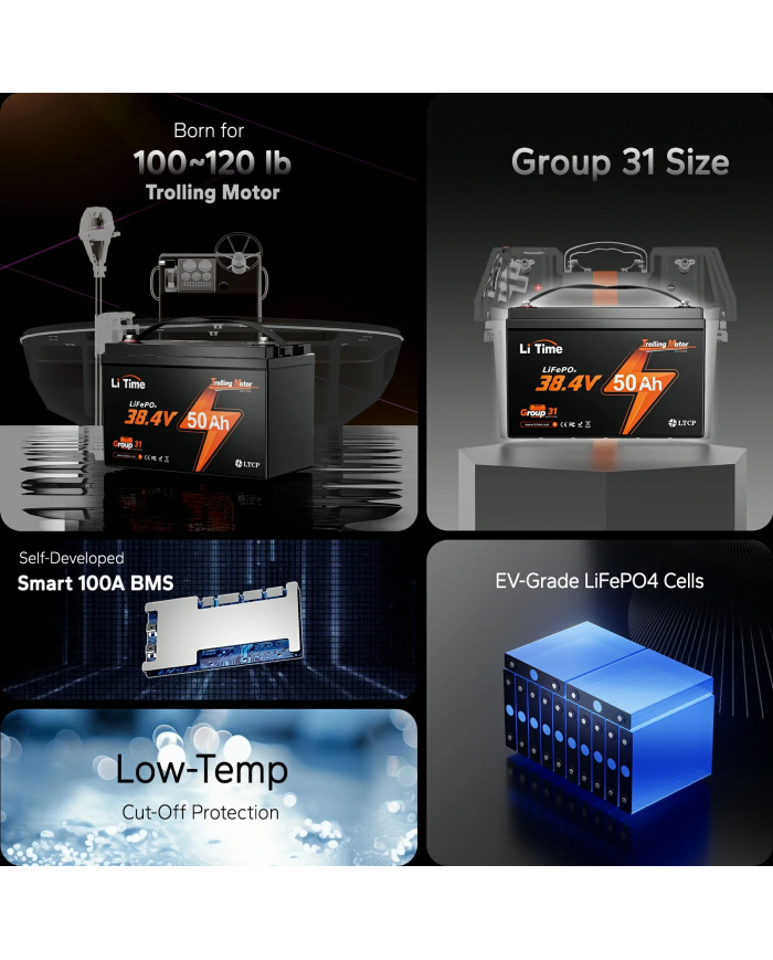 Baterie LiTime 38,4 V 50 Ah Bluetooth typ group31 L36V50-50-TM-BT-12-A100