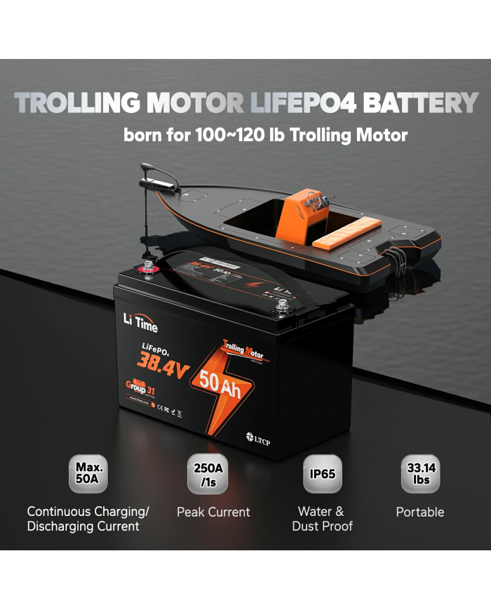 Baterie LiTime 38,4 V 50 Ah Bluetooth typ group31 L36V50-50-TM-BT-12-A100