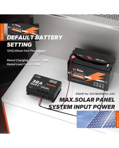 Automatický solární regulátor MPPT LiTime 30A 12V/24V s Bluetooth 24V30A-MPPT-BT-B