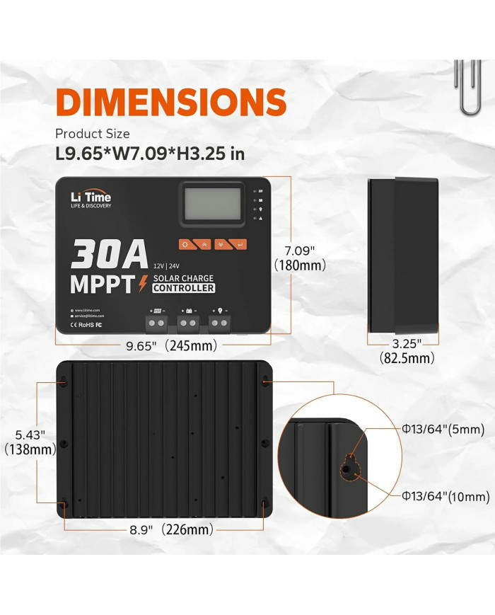 Automatický solární regulátor MPPT LiTime 30A 12V/24V s Bluetooth 24V30A-MPPT-BT-B
