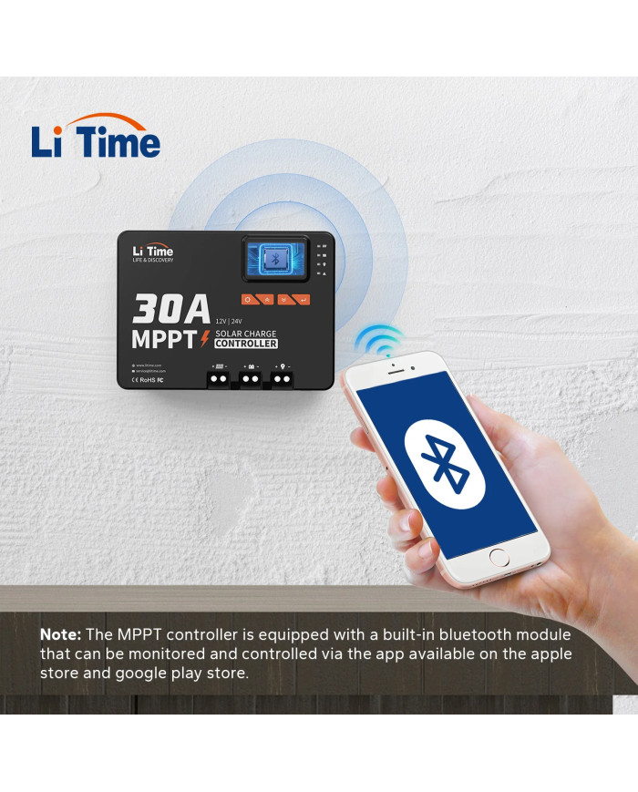 Automatický solární regulátor MPPT LiTime 30A 12V/24V s Bluetooth 24V30A-MPPT-BT-B