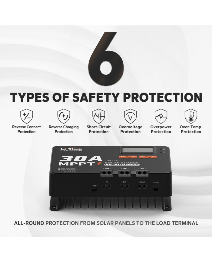 Automatický solární regulátor MPPT LiTime 30A 12V/24V s Bluetooth 24V30A-MPPT-BT-B