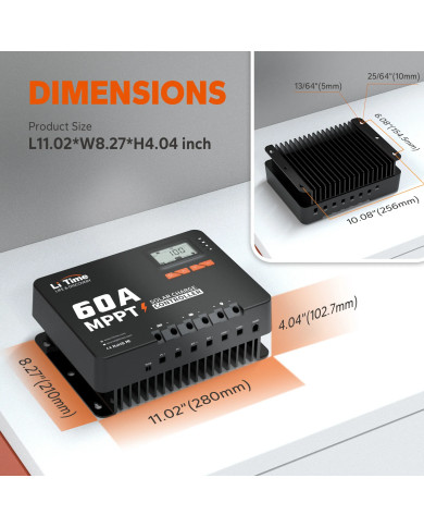 MPPT LiTime 60A 12V/24V/36V/48V automatický solární regulátor s Bluetooth 48V60A-MPPT-BT-E