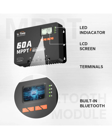 MPPT LiTime 60A 12V/24V/36V/48V automatický solární regulátor s Bluetooth 48V60A-MPPT-BT-E