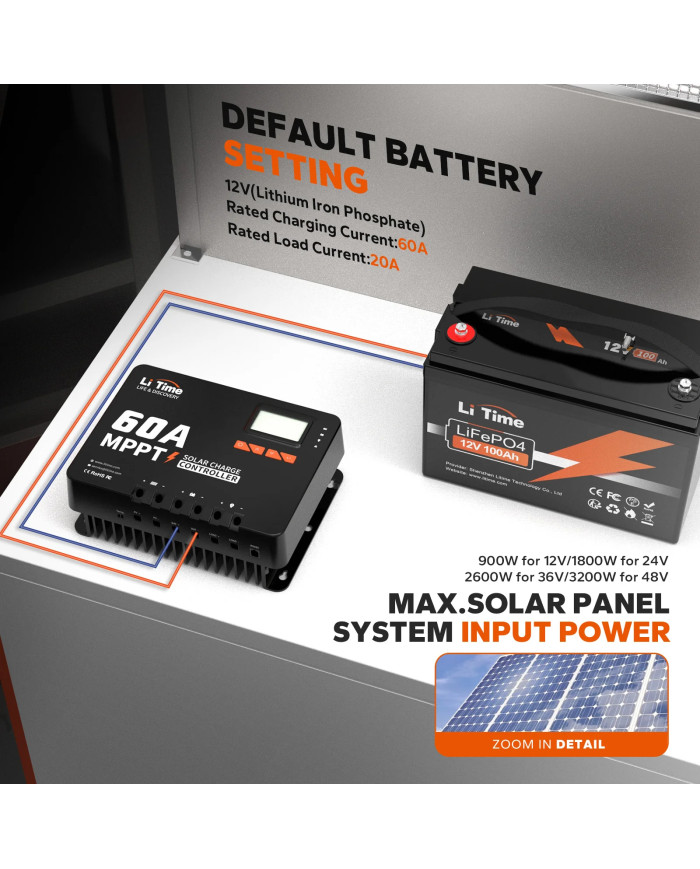 MPPT LiTime 60A 12V/24V/36V/48V automatický solární regulátor s Bluetooth 48V60A-MPPT-BT-E