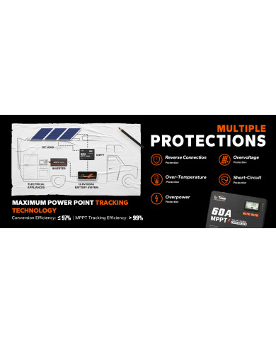 MPPT LiTime 60A 12V/24V/36V/48V automatický solární regulátor s Bluetooth 48V60A-MPPT-BT-E