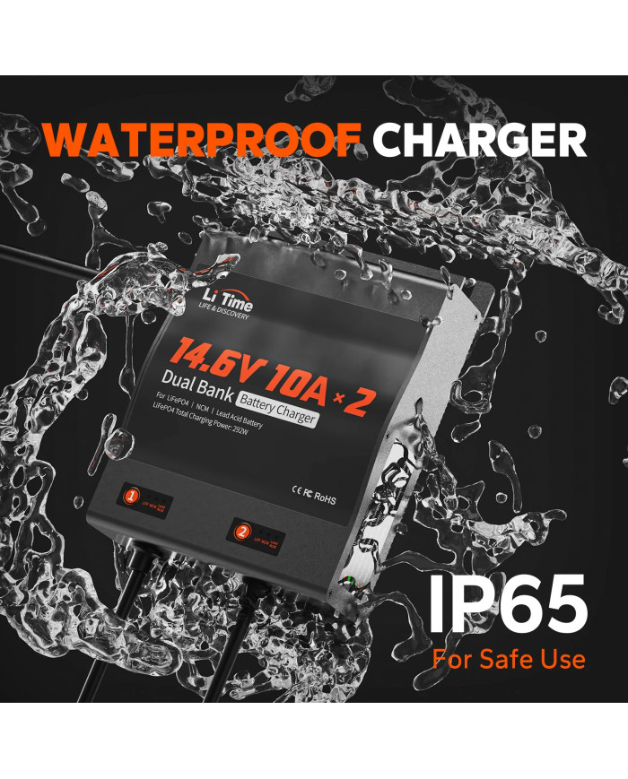 Litime 12V (14,6V) 10A duální vodotěsná nabíječka 12V10A-BCHA-2BANK-WP-Y