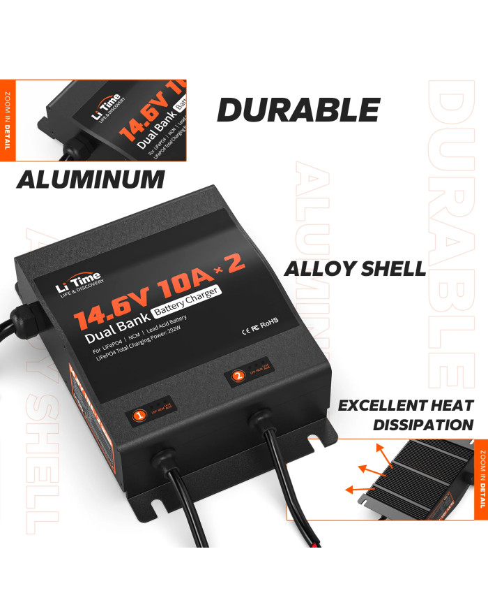 Litime 12V (14,6V) 10A duální vodotěsná nabíječka 12V10A-BCHA-2BANK-WP-Y