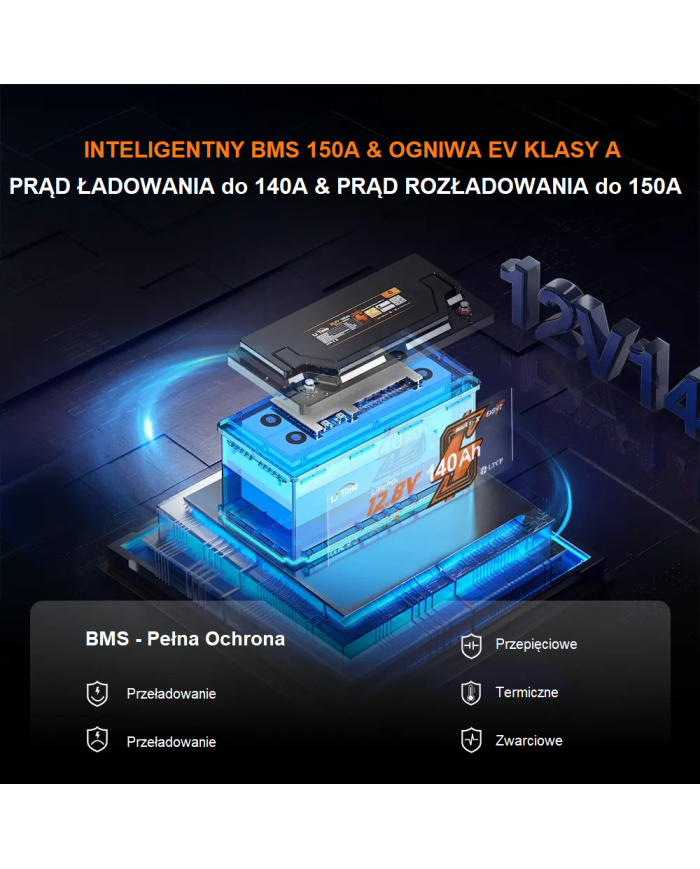 LiTime 12V 140Ah H190 Bluetooth baterie L12V140-150-H190-BT-4-AC150