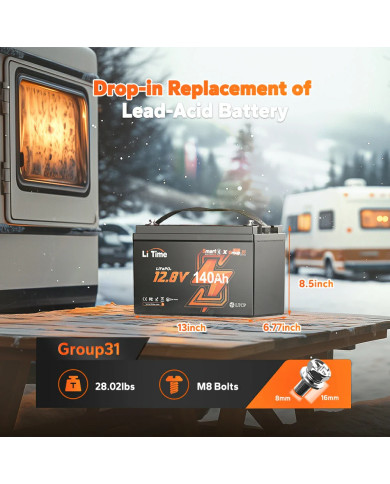 LiTime 12V 140Ah H190 Bluetooth baterie L12V140-150-H190-BT-4-AC150